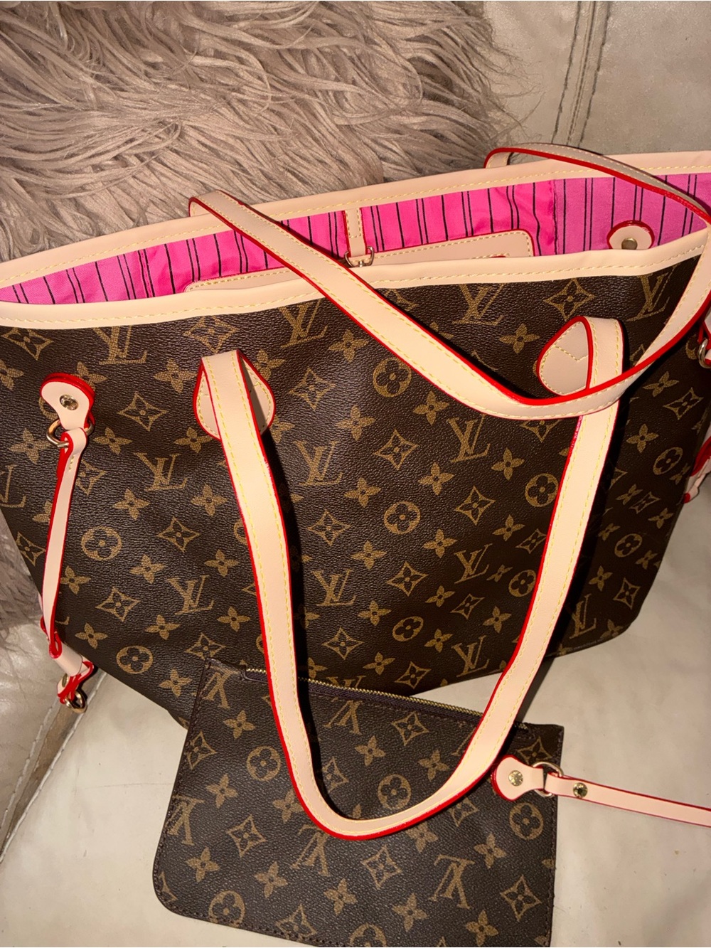 Monogram Tote with Pink Stripe Lining and Cream Trim